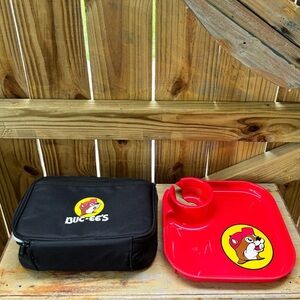 Buc-ee’s Black Insulated Kids Lunch Bag & Red Plastic Party Plate & Cup Holder